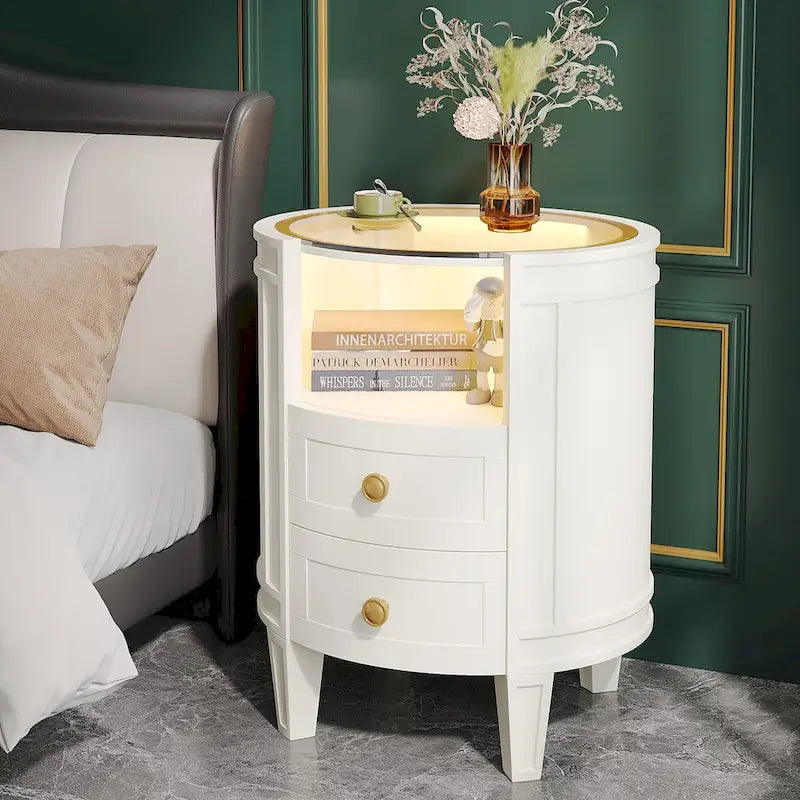 25.5 Inches Tall Round Nightstand Side Table with 2 Drawers LED Light Open Shelf for Bedroom Sofa Side