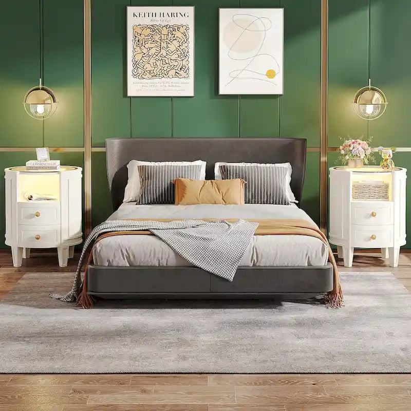 25.5 Inches Tall Round Nightstand Side Table with 2 Drawers LED Light Open Shelf for Bedroom Sofa Side