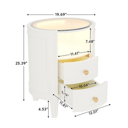 25.5 Inches Tall Round Nightstand Side Table with 2 Drawers LED Light Open Shelf for Bedroom Sofa Side