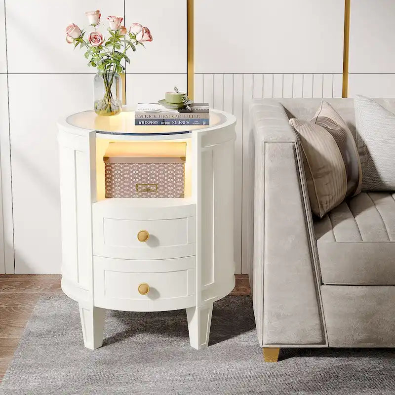 25.5 Inches Tall Round Nightstand Side Table with 2 Drawers LED Light Open Shelf for Bedroom Sofa Side