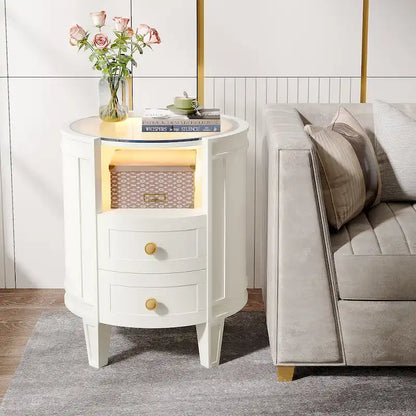 25.5 Inches Tall Round Nightstand Side Table with 2 Drawers LED Light Open Shelf for Bedroom Sofa Side