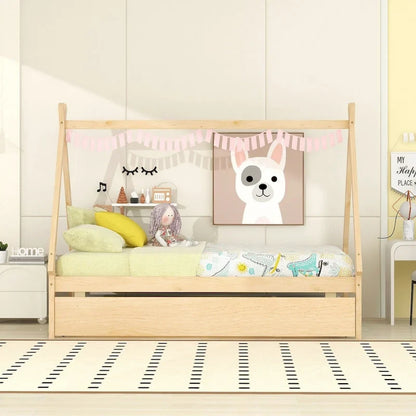 Twin size Tent Floor Teepee Bed with Trundle for bedroom