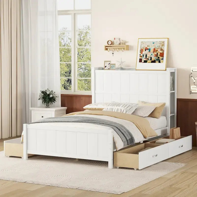Full Size Platform Bed with Drawers and Storage Shelves