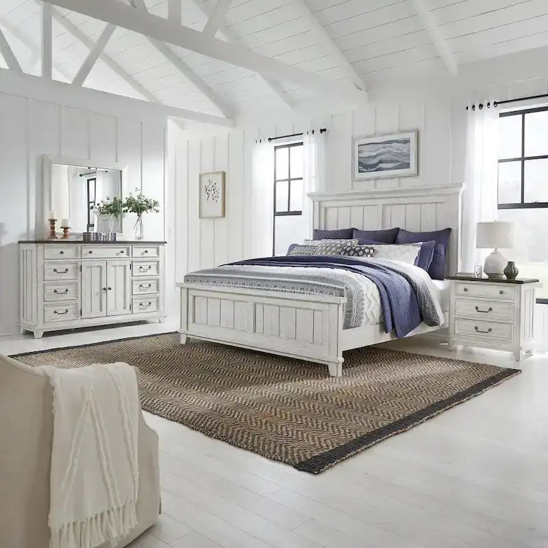River Place Riverstone White & Tobacco Panel Bed, Dresser, Mirror, and Nightstand Set