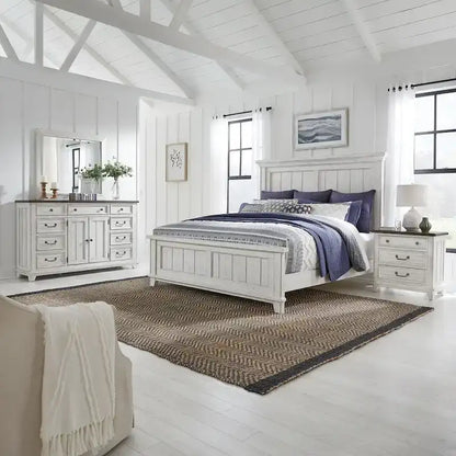 River Place Riverstone White & Tobacco Panel Bed, Dresser, Mirror, and Nightstand Set