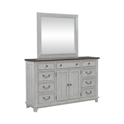 River Place Riverstone White & Tobacco Panel Bed, Dresser, Mirror, and Nightstand Set