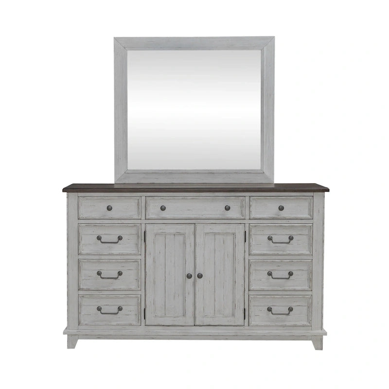 River Place Riverstone White & Tobacco Panel Bed, Dresser, Mirror, and Nightstand Set