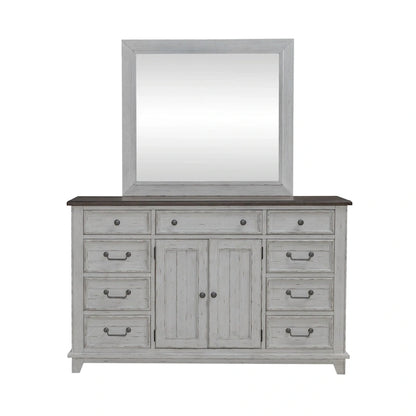 River Place Riverstone White & Tobacco Panel Bed, Dresser, Mirror, and Nightstand Set