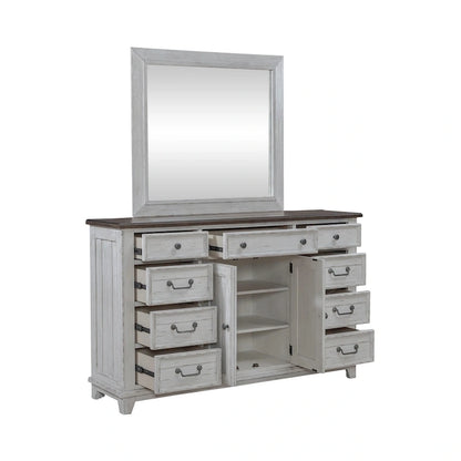 River Place Riverstone White & Tobacco Panel Bed, Dresser, Mirror, and Nightstand Set