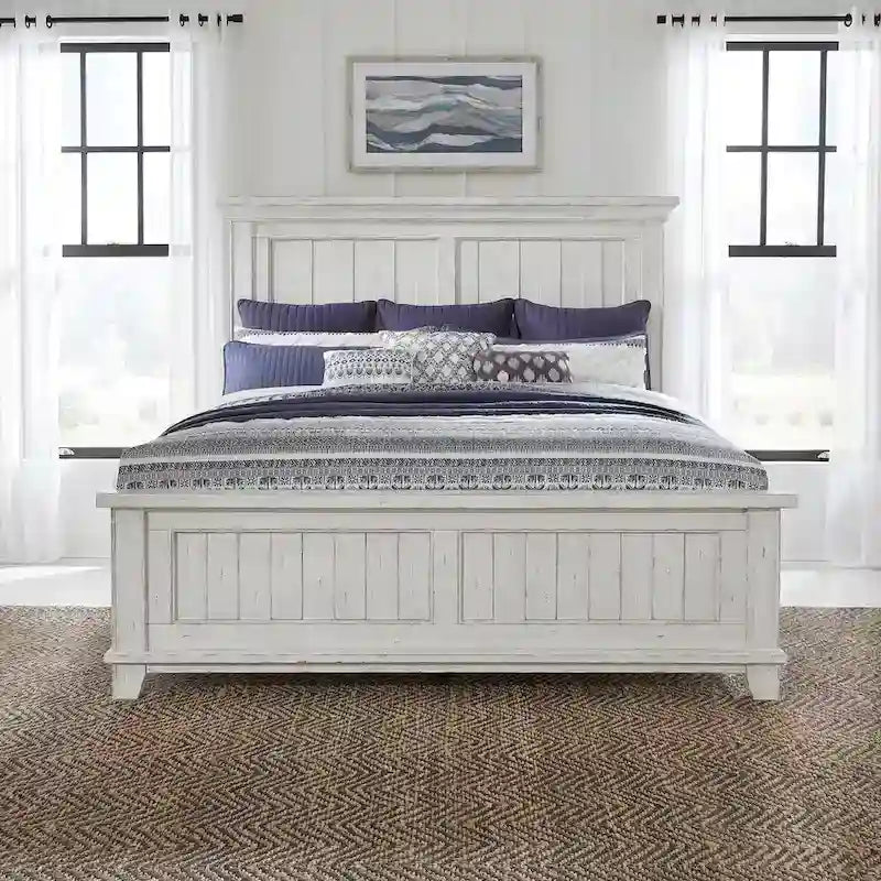River Place Riverstone White & Tobacco Panel Bed, Dresser, Mirror, and Nightstand Set