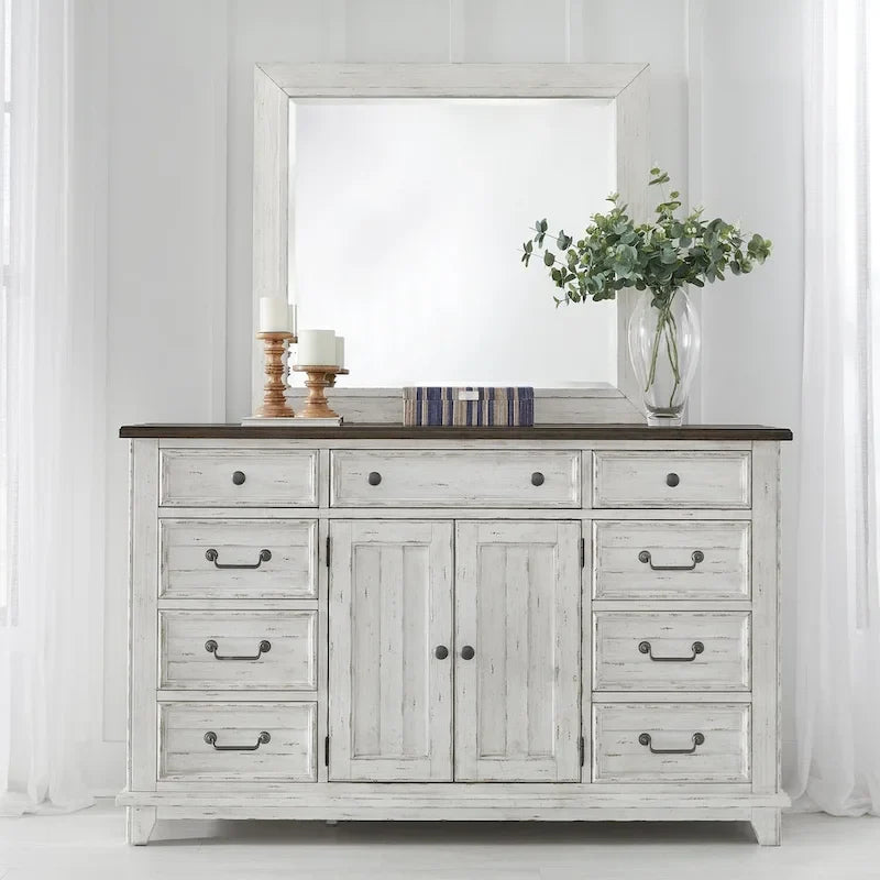 River Place Riverstone White & Tobacco Panel Bed, Dresser, Mirror, and Nightstand Set