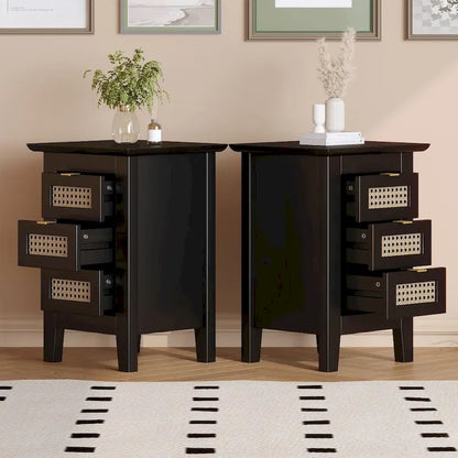Wooden Nightstands Set of 2 with Rattan-Woven Surfaces and Three Drawers