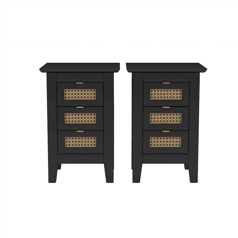 Wooden Nightstands Set of 2 with Rattan-Woven Surfaces and Three Drawers