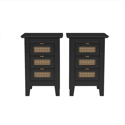 Wooden Nightstands Set of 2 with Rattan-Woven Surfaces and Three Drawers