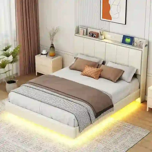 Queen Size Floating Bed Frame with Storage Headboard, Modern Upholstered Platform Bed with USB Ports