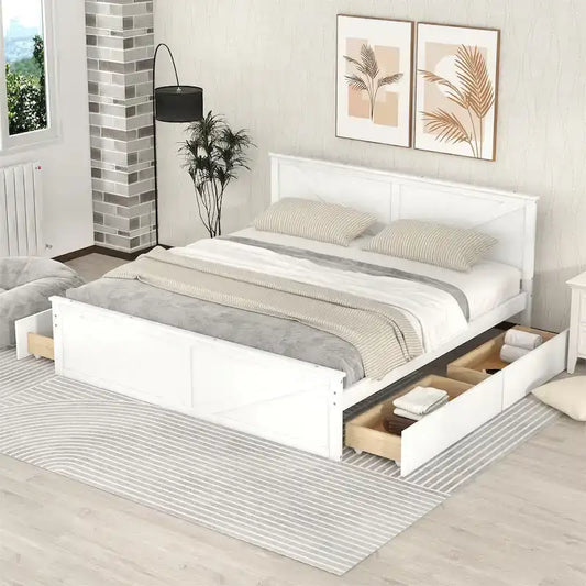 Wooden Platform Bed with 4 Storage Drawers and Support Legs