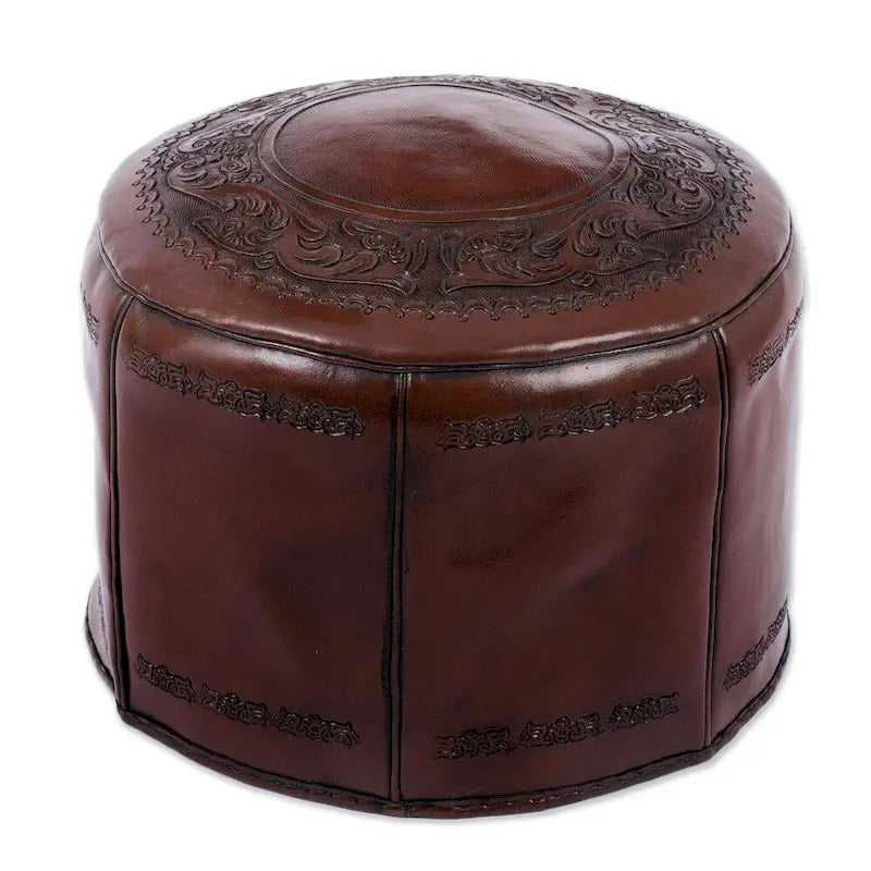 Handmade Spanish Elegance Tooled Leather Ottoman Pouf (Peru)