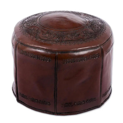 Handmade Spanish Elegance Tooled Leather Ottoman Pouf (Peru)