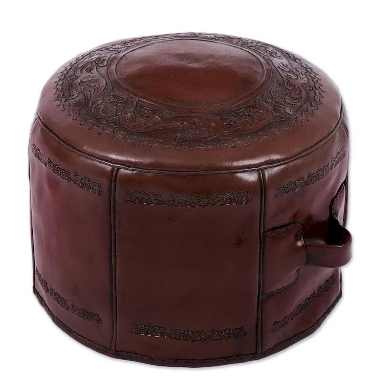 Handmade Spanish Elegance Tooled Leather Ottoman Pouf (Peru)