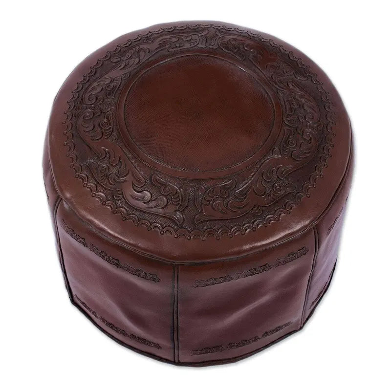 Handmade Spanish Elegance Tooled Leather Ottoman Pouf (Peru)