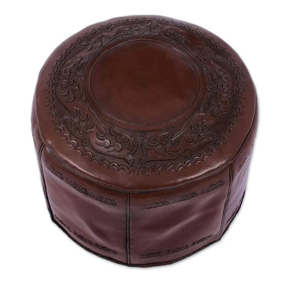 Handmade Spanish Elegance Tooled Leather Ottoman Pouf (Peru)