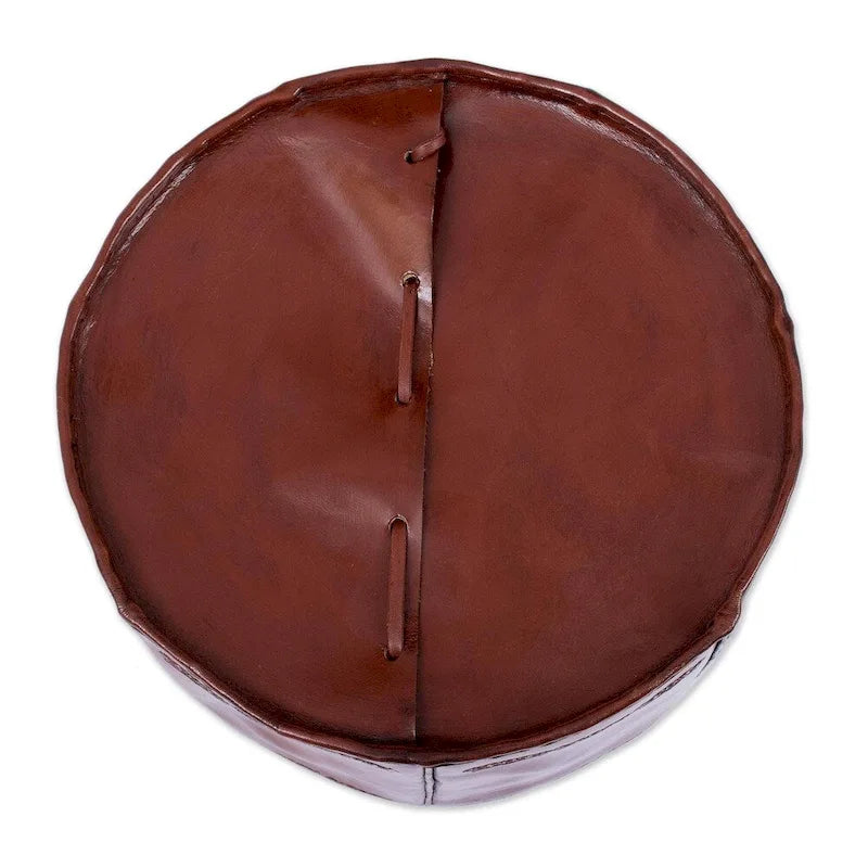 Handmade Spanish Elegance Tooled Leather Ottoman Pouf (Peru)