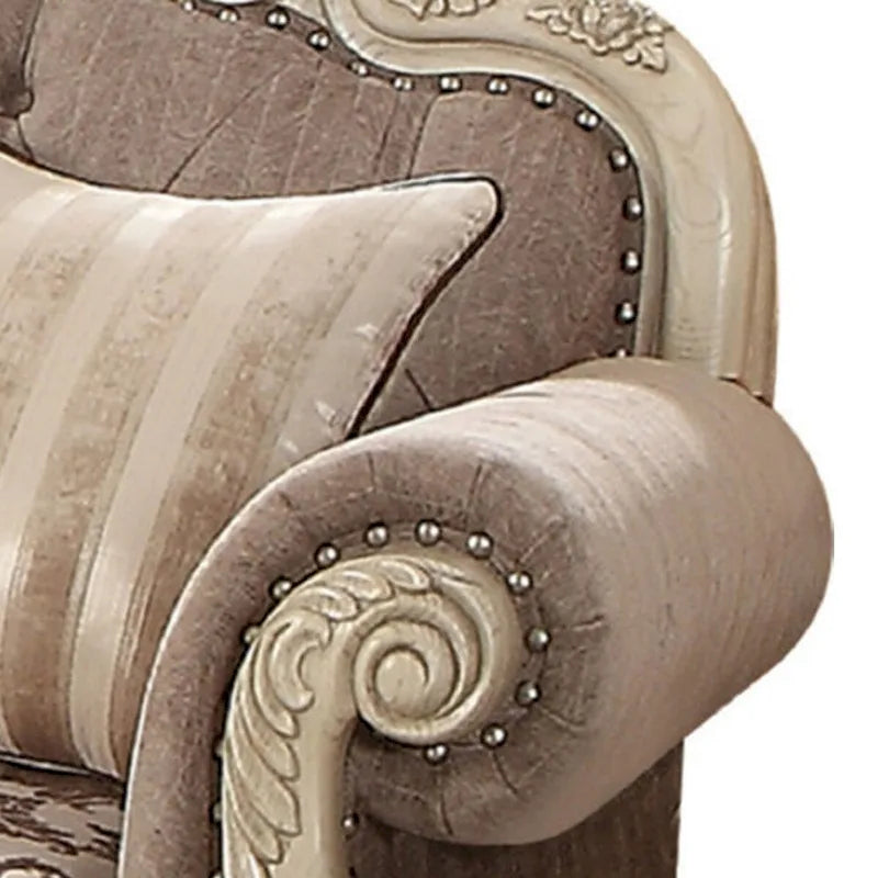 Scrolled Crown Top Fabric Loveseat with Cabriole Legs, Gray and White