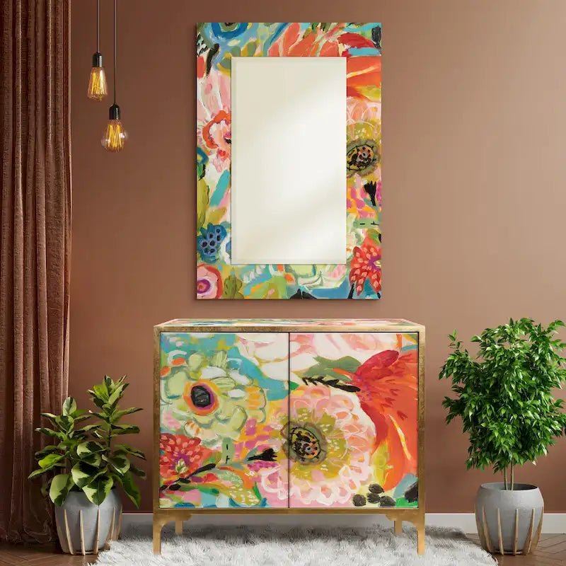 Secret Garden Floral Reverse Printed Beveled Art Glass Cabinet Console Table and Mirror Set