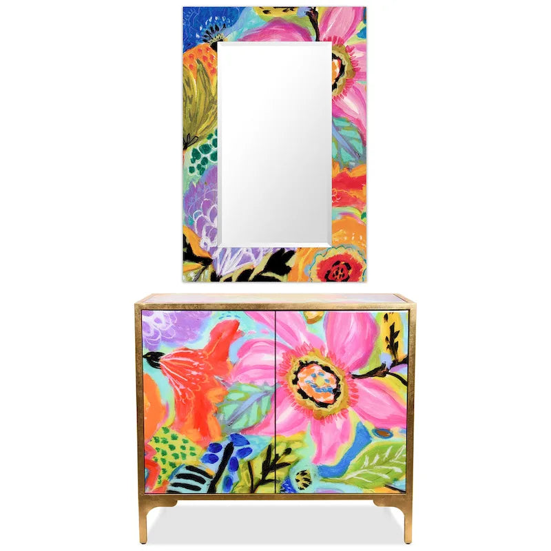 Secret Garden Floral Reverse Printed Beveled Art Glass Cabinet Console Table and Mirror Set
