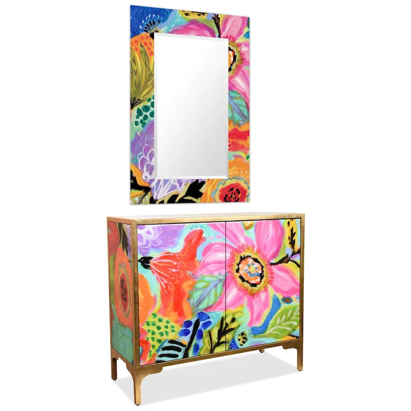 Secret Garden Floral Reverse Printed Beveled Art Glass Cabinet Console Table and Mirror Set