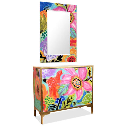 Secret Garden Floral Reverse Printed Beveled Art Glass Cabinet Console Table and Mirror Set