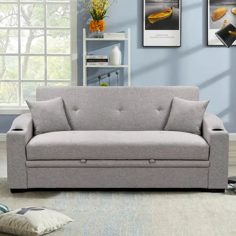 Convertible Sofa with Reclining Backrest, Cup Holders and Pillows