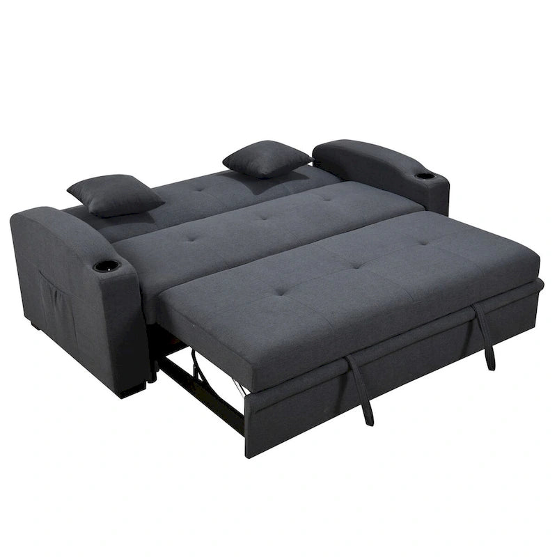 Convertible Sofa with Reclining Backrest, Cup Holders and Pillows