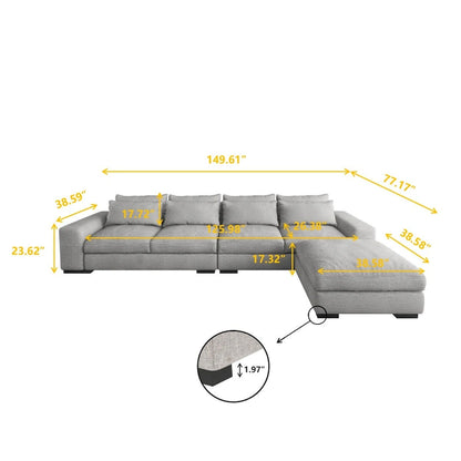 150 Wide L-Shape Linen Sofa Couch, Modern Feather Filled 5-Seat Sectional Sofa Couch with Ottoman