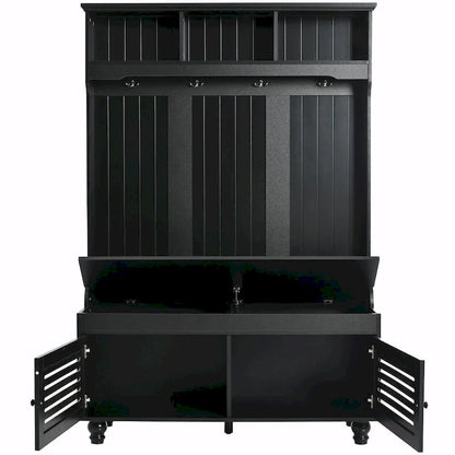 5-in-1 Entryway Bench with Shutter-shaped Doors, Coat Rack, Cushion and 4 Sturdy Hooks