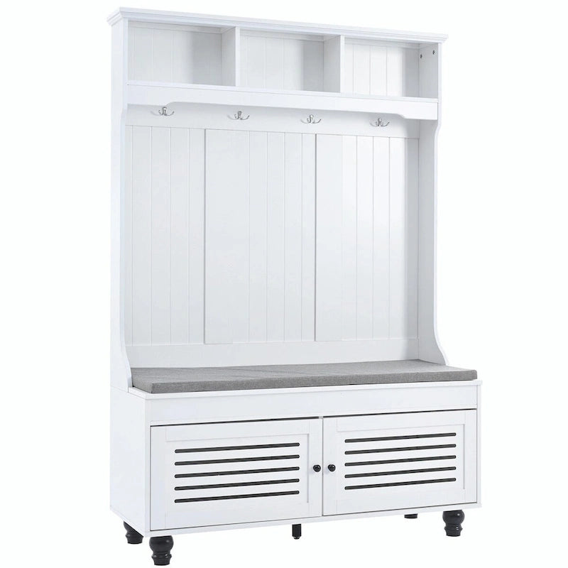 5-in-1 Entryway Bench with Shutter-shaped Doors, Coat Rack, Cushion and 4 Sturdy Hooks