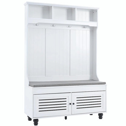 5-in-1 Entryway Bench with Shutter-shaped Doors, Coat Rack, Cushion and 4 Sturdy Hooks