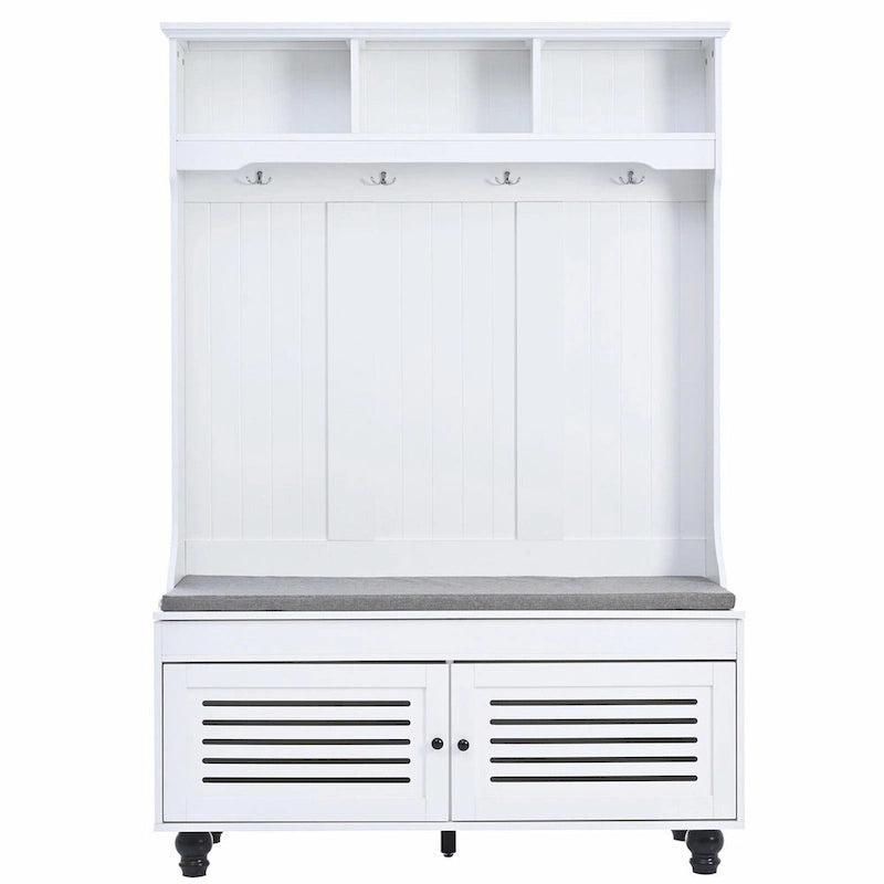 5-in-1 Entryway Bench with Shutter-shaped Doors, Coat Rack, Cushion and 4 Sturdy Hooks
