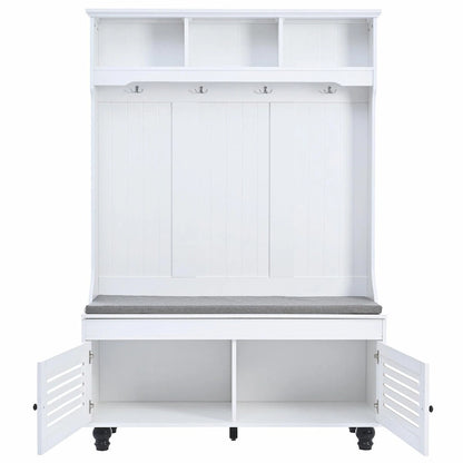 5-in-1 Entryway Bench with Shutter-shaped Doors, Coat Rack, Cushion and 4 Sturdy Hooks