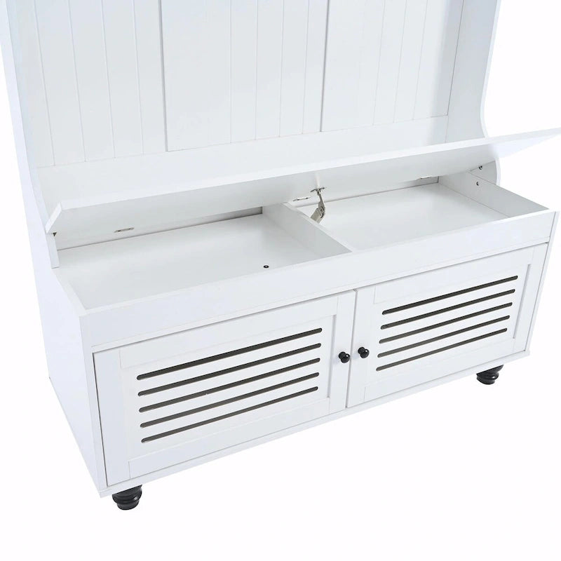 5-in-1 Entryway Bench with Shutter-shaped Doors, Coat Rack, Cushion and 4 Sturdy Hooks