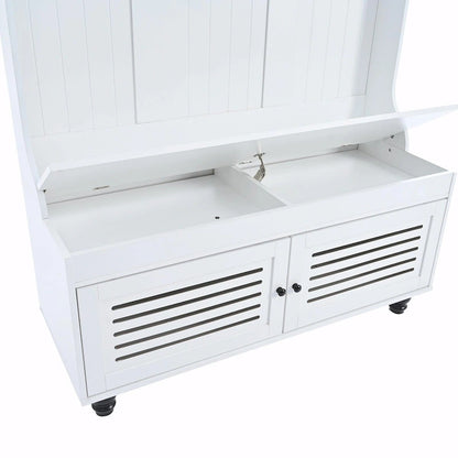 5-in-1 Entryway Bench with Shutter-shaped Doors, Coat Rack, Cushion and 4 Sturdy Hooks