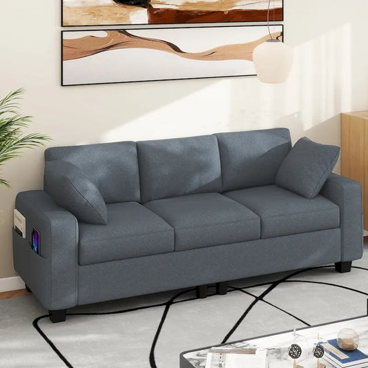 Moasis 80 3-seater Upholstered Sofa 2 Pillows Couches with Side Pockets for Living Room