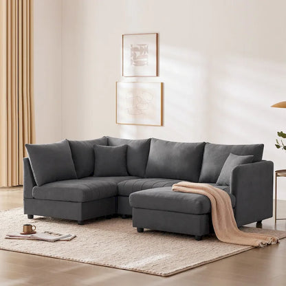 Modern 5-Seat L-Shape Sectional Sofa with Vertical Stripes, 2 Pillows, Convertible Ottoman