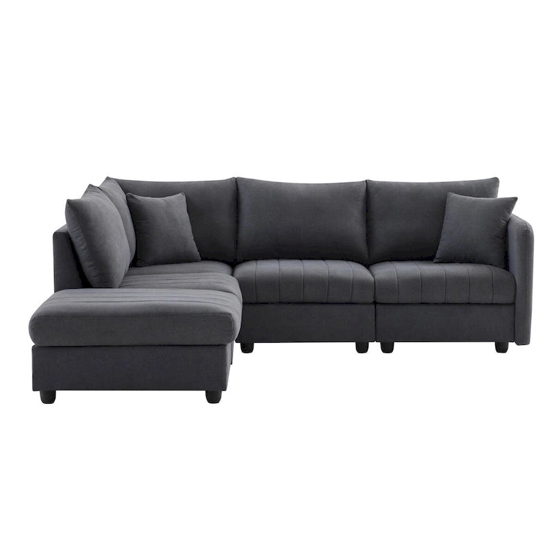 Modern 5-Seat L-Shape Sectional Sofa with Vertical Stripes, 2 Pillows, Convertible Ottoman