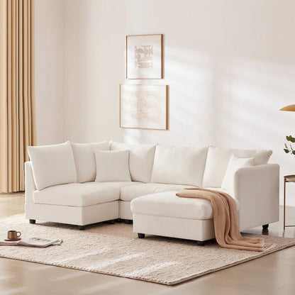 Modern 5-Seat L-Shape Sectional Sofa with Vertical Stripes, 2 Pillows, Convertible Ottoman