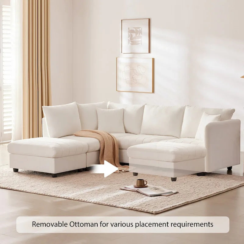 Modern 5-Seat L-Shape Sectional Sofa with Vertical Stripes, 2 Pillows, Convertible Ottoman