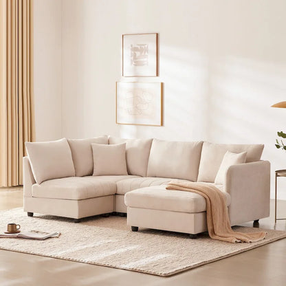 Modern 5-Seat L-Shape Sectional Sofa with Vertical Stripes, 2 Pillows, Convertible Ottoman