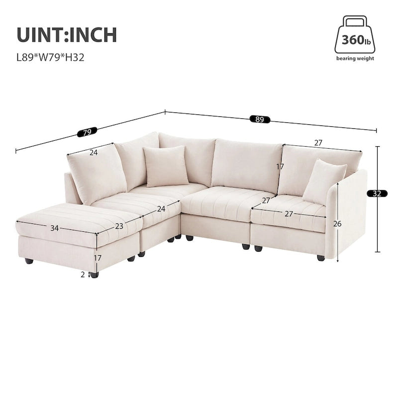 Modern 5-Seat L-Shape Sectional Sofa with Vertical Stripes, 2 Pillows, Convertible Ottoman