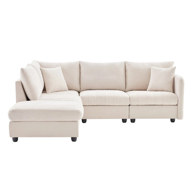 Modern 5-Seat L-Shape Sectional Sofa with Vertical Stripes, 2 Pillows, Convertible Ottoman