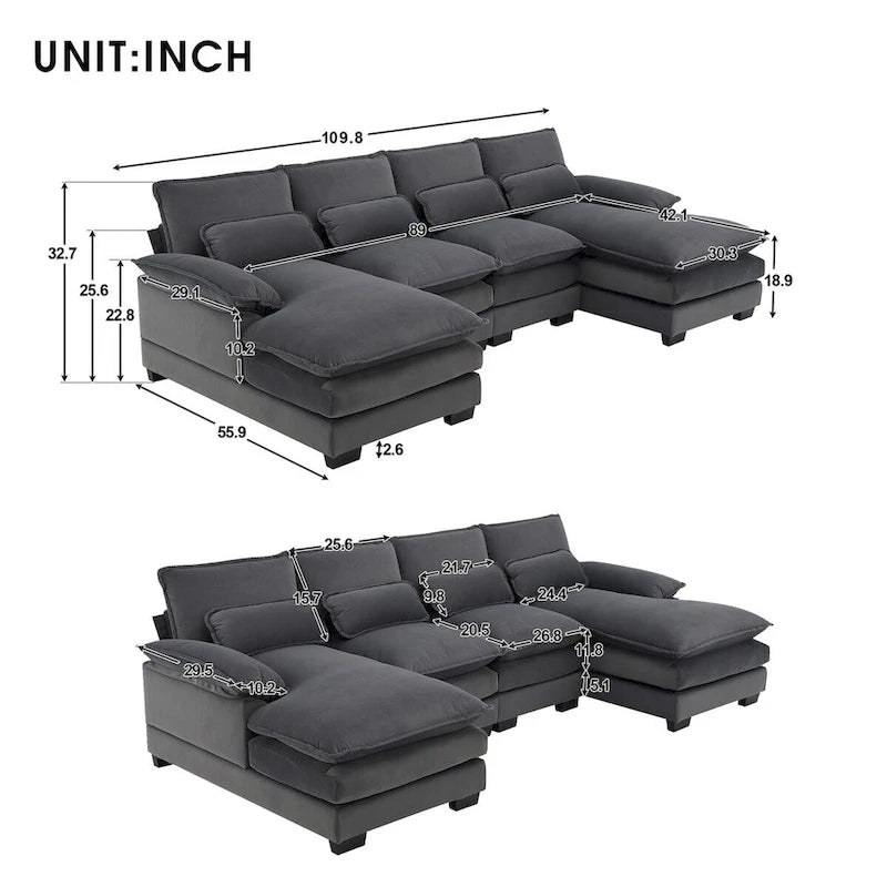 Gray Modern U-Shaped Modular Sectional Sofa with Double Chaise Lounge